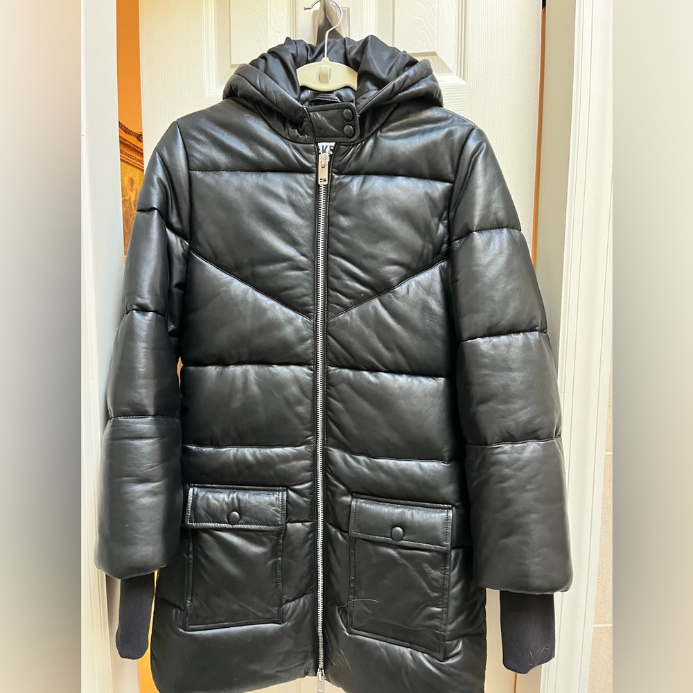 Genuine, leather puffer jacket with hood and storage; Walter Baker S NWOT!!